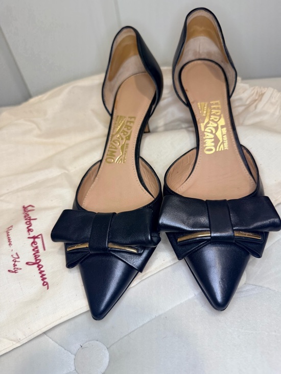 Salvatore Ferragamo Shoes - Salvatore Ferragamo Black Leather Pointed D'Orsay Flats with Bow and Gold Accent